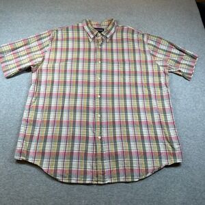 Vintage Lands' End Button Down Shirt Mens XL Short Sleeve Red Ivory Plaid Cotton